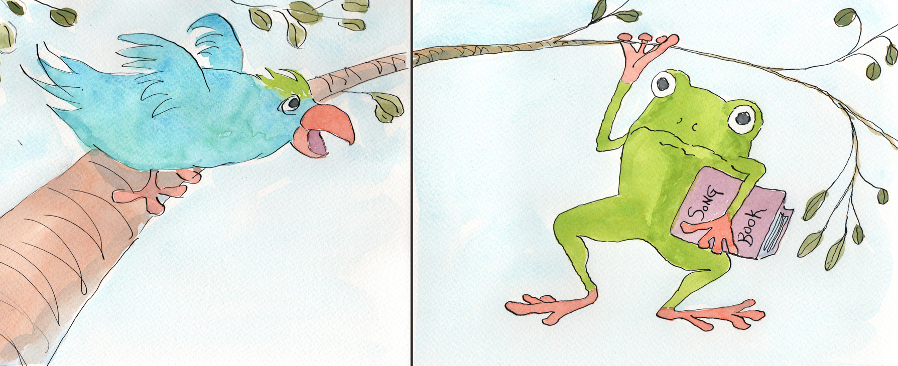 Caruso and Leo - watercolor and ink 2 page spread