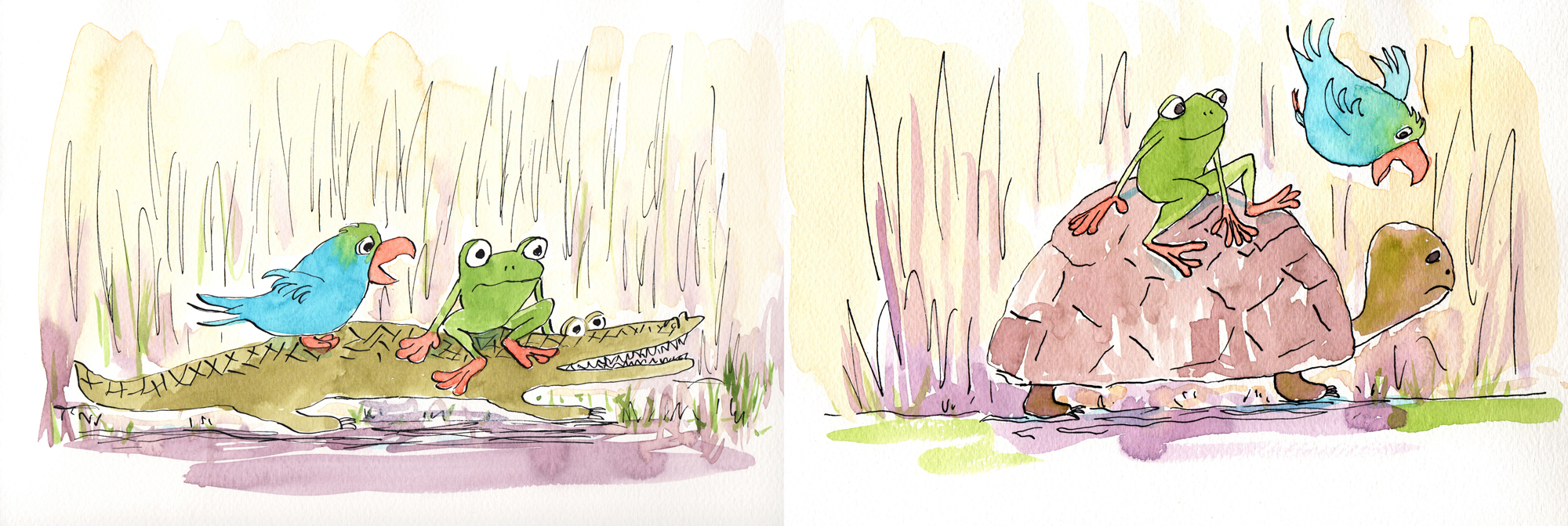 Caruso and Leo trying to find their way home - watercolor and ink