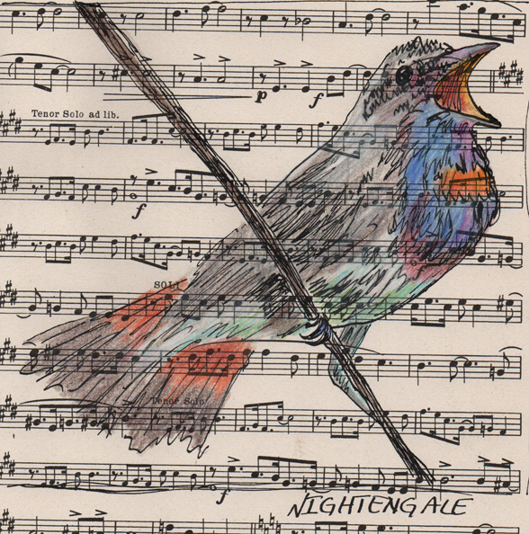 Nightengale - watercolor, ink and colored pencil on sheet music